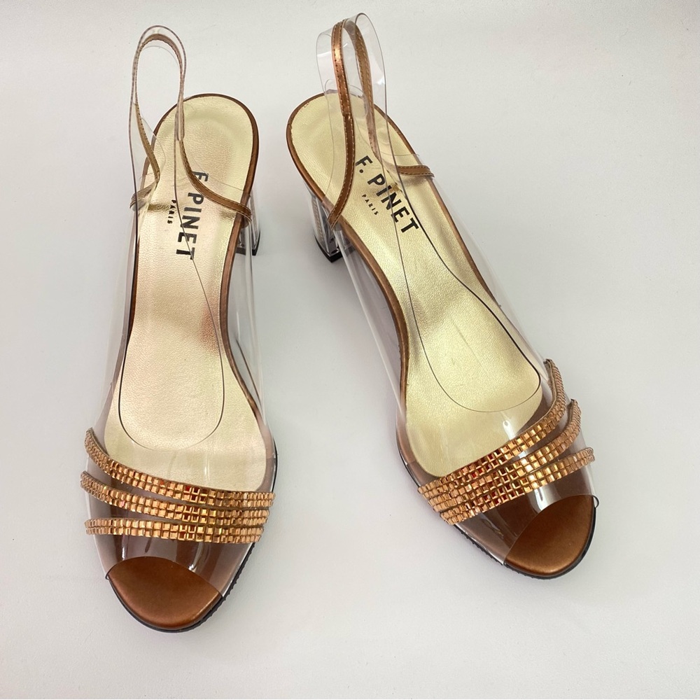F. Pinet Paris Clear Rhinestone Slingback Peep Toe Womens Heeled Sandals Shoes 5 - Picture 7 of 16